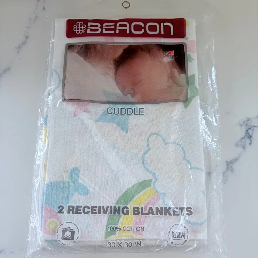 VNTG Beacon Cuddle 2 Receiving‎ Blankets 100% Cotton Rainbow Pastel Made in USA